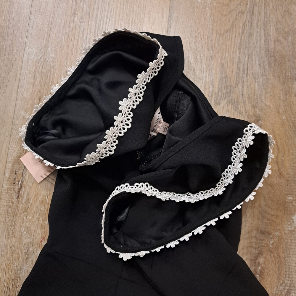 Nanette Lepore Black Ruffle Dress Sleeveless White Lace Trim Women's Size 6 - Picture 9 of 14
